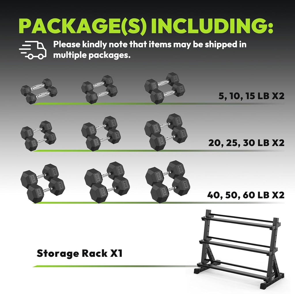 HANDBODE 3-Tier Dumbbell Rack Stand, 1000LB Capacity Storage Rack, Weight Rack for Dumbbells, Kettlebell, 390–700 lb Rubber Coated Fixed Weight Sets, Home Gym Strength Training Equipment