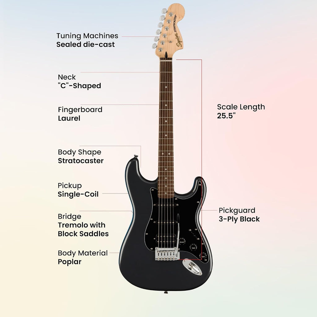 Fender Squier Affinity Stratocaster HSS Pack - Charcoal Frost Metallic Bundle with Frontman 10G Amplifier, Cable, Gig Bag, Tuner, Strap, Picks, and Austin Bazaar Instructional DVD
