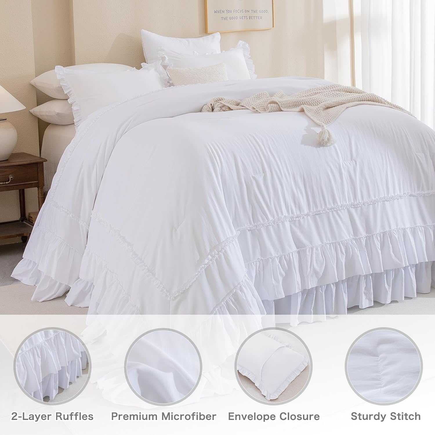 Masaca Oversized King Comforter 128x120,White Shabby Boho Chic Farmhouse Bedding Comforter with Ruffles,3 Pieces Vintage Lightweight and Soft French Country Bedding Set