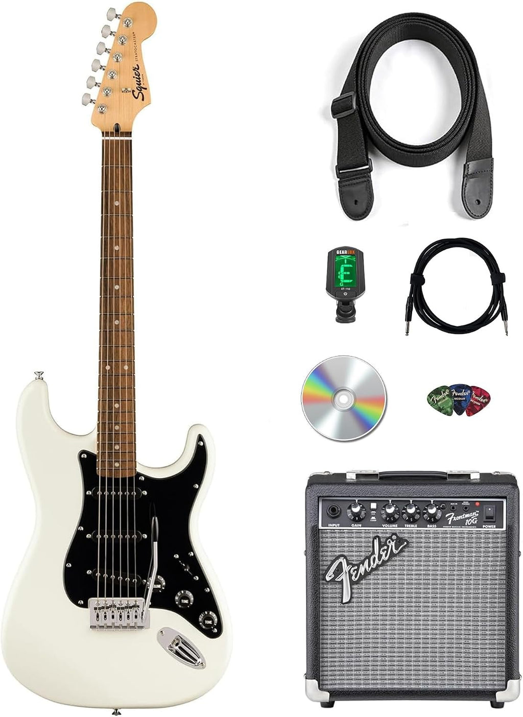 Fender Squier Sonic Stratocaster - Arctic White Bundle with Frontman 10G Amp, Cable, Tuner, Strap, Picks, and Austin Bazaar Guitar DVD
