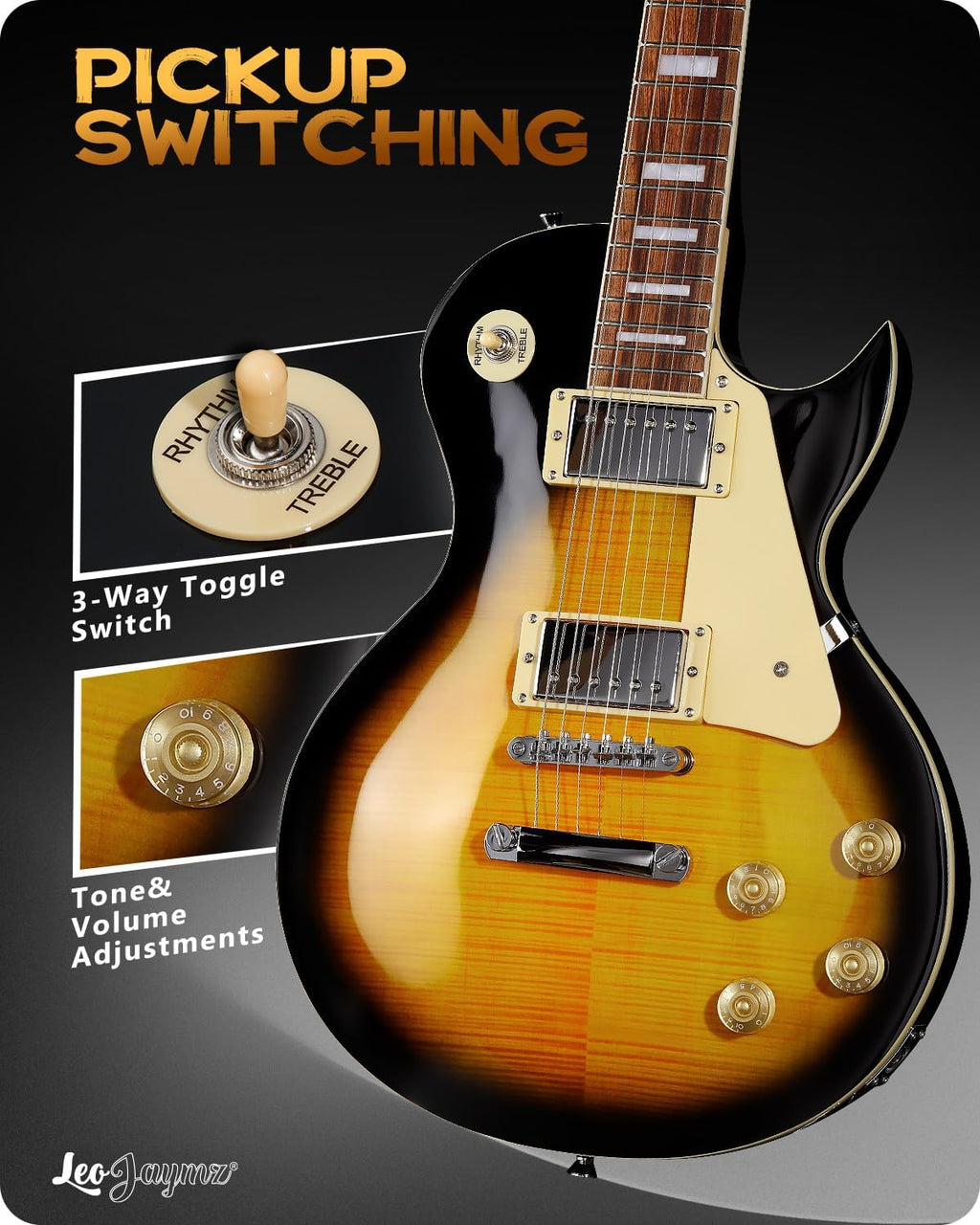 Leo Jaymz SC Series Electric Guitar – Mahogany Body, Laurel Fingerboard, Dual Humbuckers, Tune-O-Matic Bridge, C Neck, 18:1 Tuners (Sunburst)