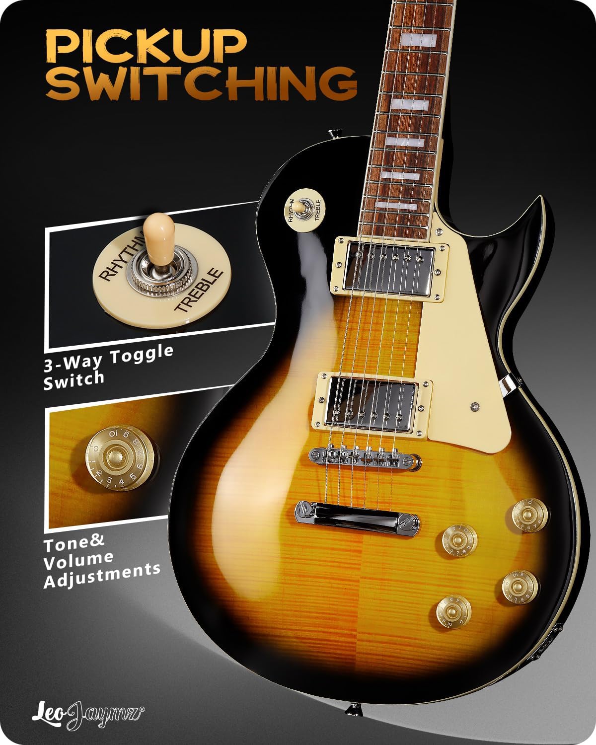 Leo Jaymz SC Series Electric Guitar – Mahogany Body, Laurel Fingerboard, Dual Humbuckers, Tune-O-Matic Bridge, C Neck, 18:1 Tuners (Sunburst)