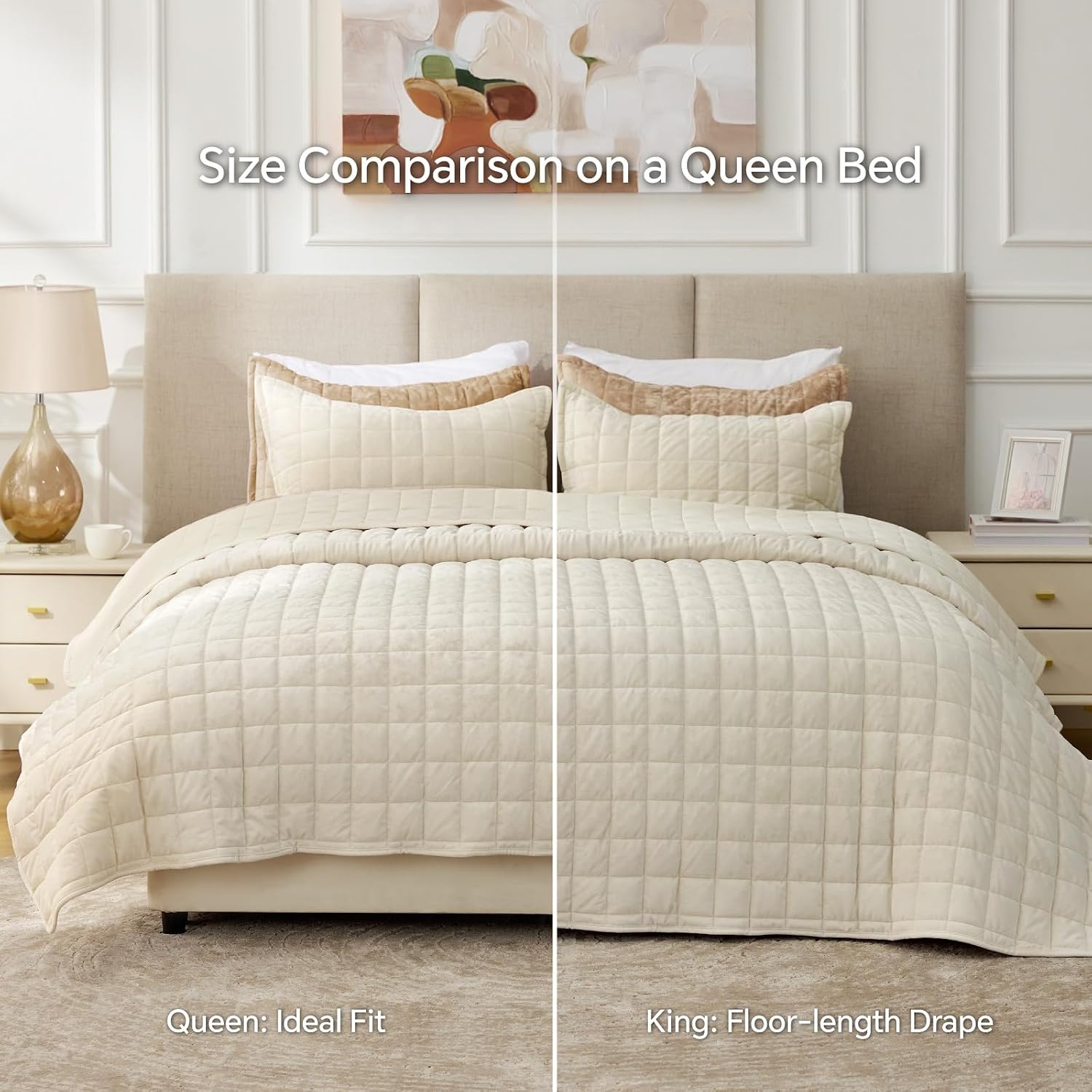 BEDELITE Velvet Quilt Set Oversized California King- Luxury Velvet Comforter Bedding Set 3 Pieces, Soft Cozy Cream White Oversized Bedspread Coverlet for All Seasons with 2 Pillow Shams