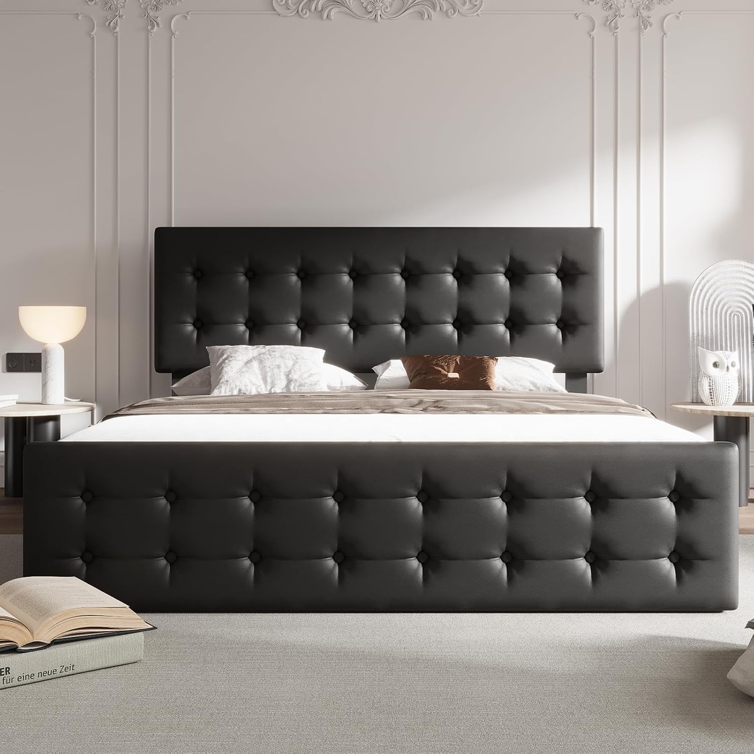 King Size Platform Bed Frame with 4 Storage Drawers & Headboard, Faux Leather Upholstered, Button Tufted Design, Wooden Slats Support, Noise-Free Mattress Foundation, No Box Spring Needed, Black