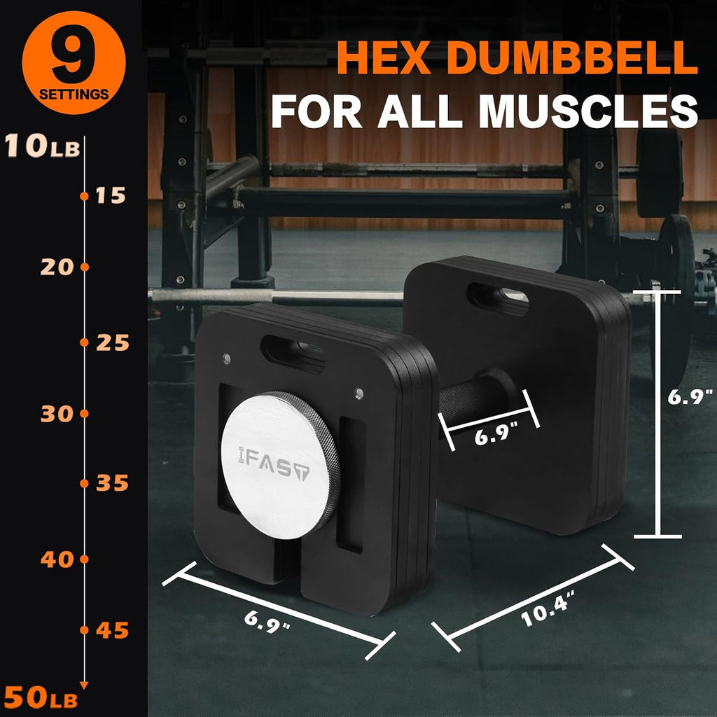 9-in-1 Adjustable Dumbbell Set, 10-50 LB Free Weights Dumbbells Quick-Lock Gym Equipment Barbell for Work Out Home Dumb Bells Exercise & Fitness Dumbbells Hand Weights for Men