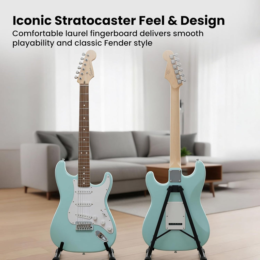 Fender Squier Stratocaster Electric Guitar - Daphne Blue Bundle with Amplifier, Gig Bag, Cable, Strap, Picks, and Austin Bazaar Instructional Video