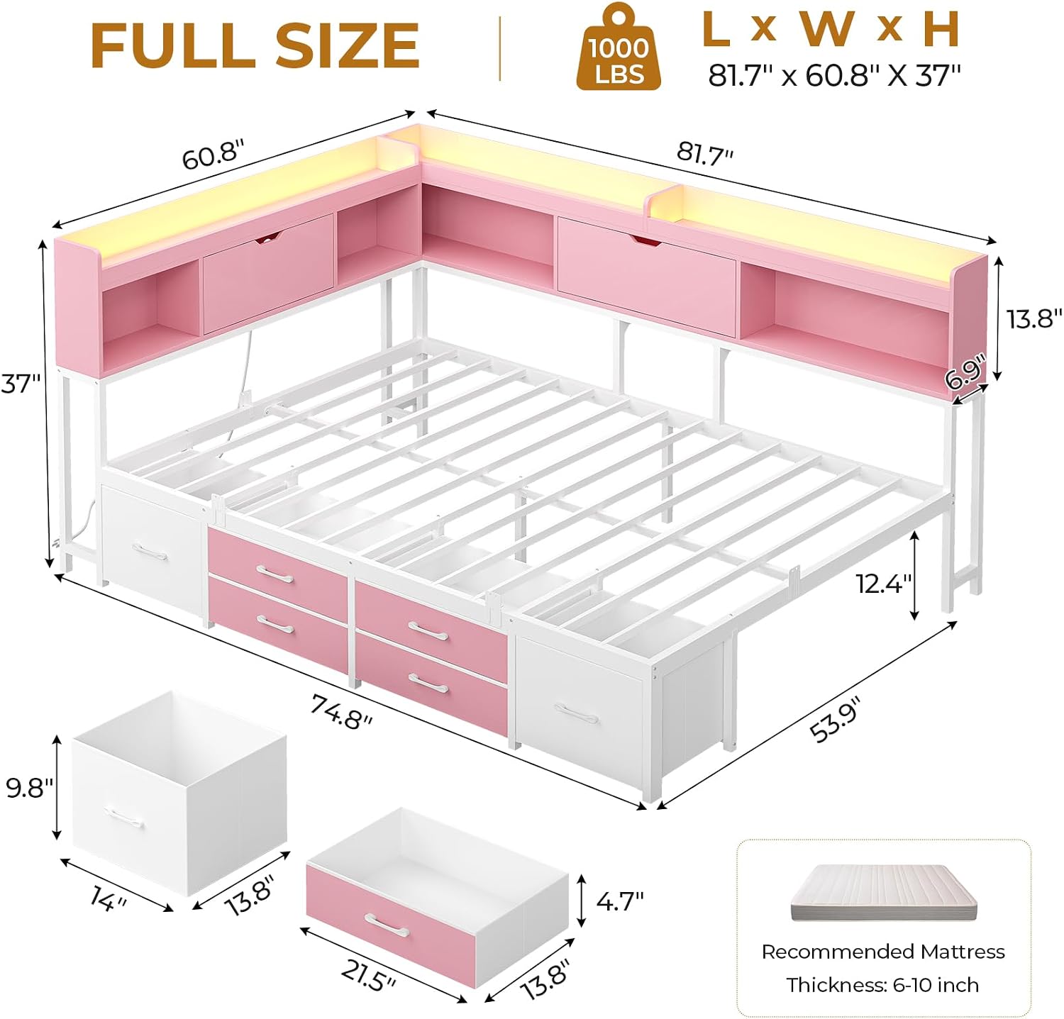 AOGLLATI Full Size Corner Bed Frame with 6 Storage Drawers and Bookcase Hidden Headboard, Full Bed Frame Metal Platform Daybed with Charging Station and LED Lights for Kids Teens, Pink