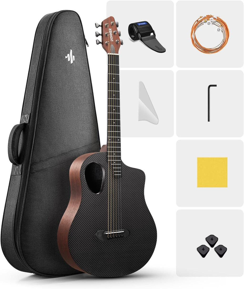 Donner 38' Carbon X Wood Acoustic Guitar Beginner & Intermediate Learner Kits - Carbon Fiber Top, Wooden Body, Durable Solid Guitar with Case, Strap, Steel-String, RISING-G1 (Satin, Brown)