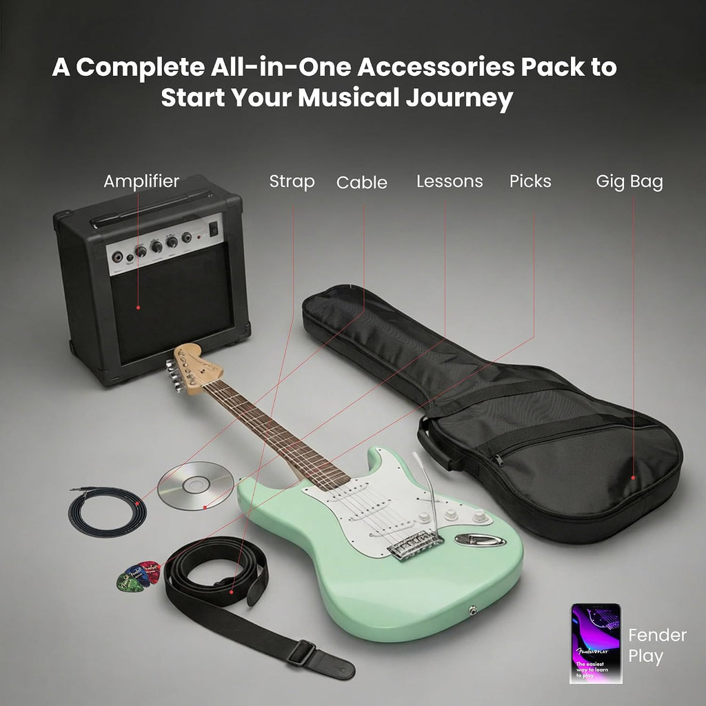 Fender Squier Stratocaster Electric Guitar - Surf Green Bundle with Amplifier, Gig Bag, Cable, Strap, Picks, and Austin Bazaar Instructional Video