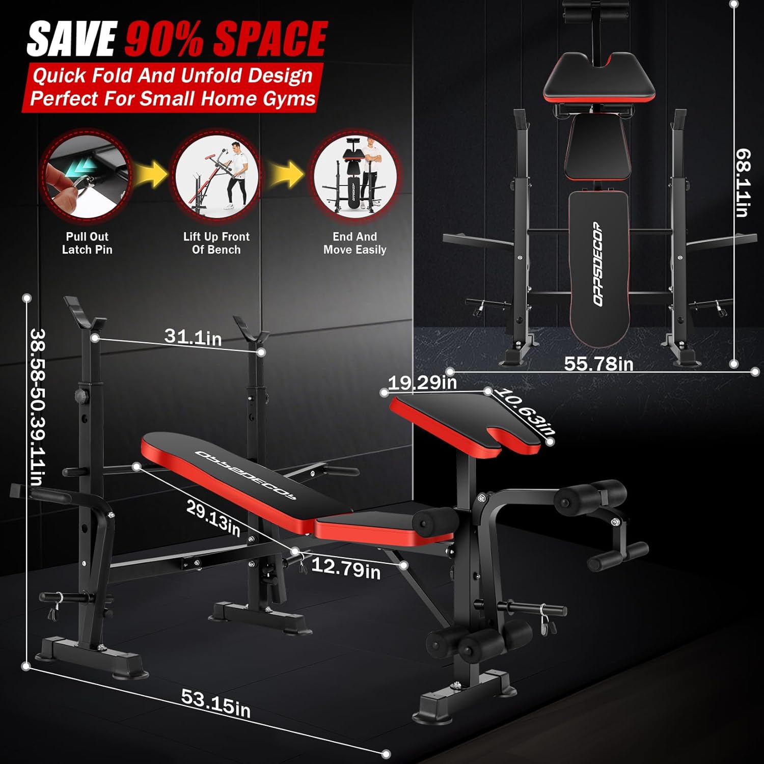 OPPSDECOR 6 in 1 900LBS Weight Bench with Leg Extension and Leg Curl, Foldable Bench Press Set and Squat Barbell Rack with Preacher Curl, Adjustable Workout Bench for Home Gym Strength Training PXZXYX1