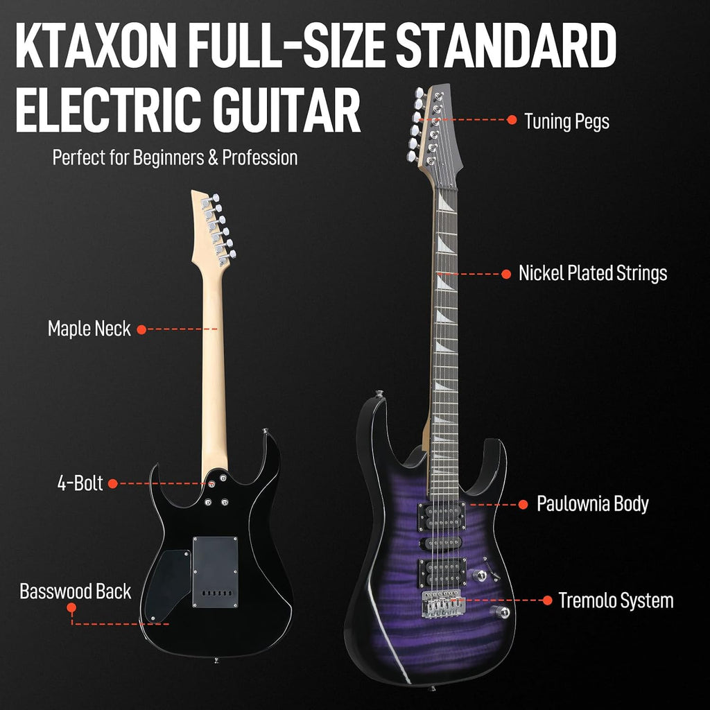 Ktaxon 39' Electric Guitar with 5Watt Amp, Full Size 170 Model Starter Guitar Kit for Beginners & Professionals W/Bag, Shoulder Strap, Wrench Tool, Plectrum - Tiger Purple