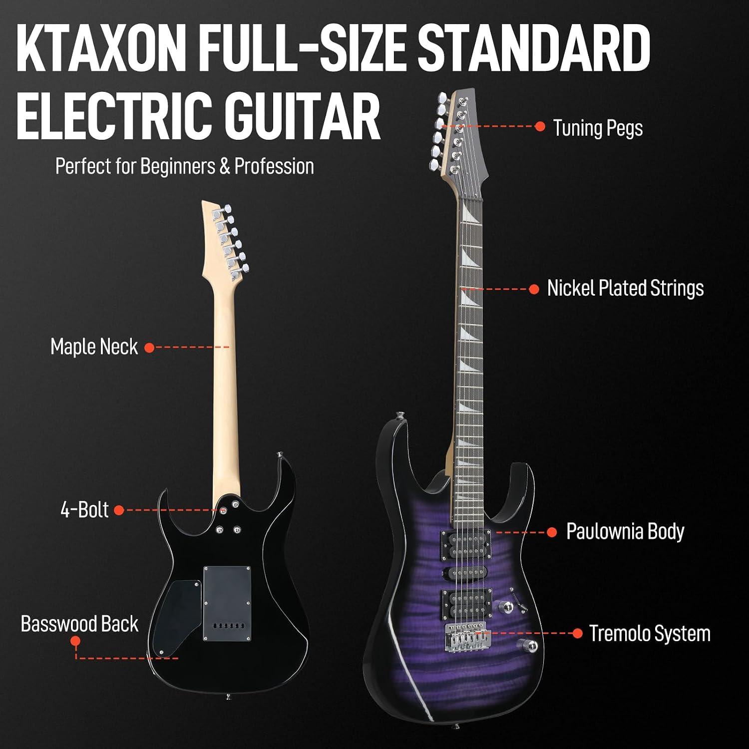 Ktaxon 39' Electric Guitar with 5Watt Amp, Full Size 170 Model Starter Guitar Kit for Beginners & Professionals W/Bag, Shoulder Strap, Wrench Tool, Plectrum - Tiger Purple