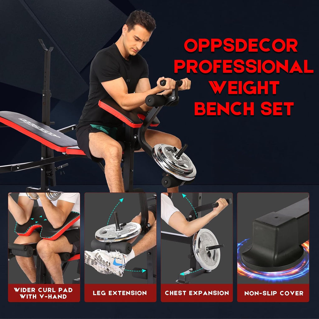 OPPSDECOR 900lbs 6 in 1 Weight Bench Set with Squat Rack, Workout Bench with Leg Extension Preacher Curl Rack Multi-Function Bench Press Set for Home Gym, ZWX1113 New Version Weight Bench