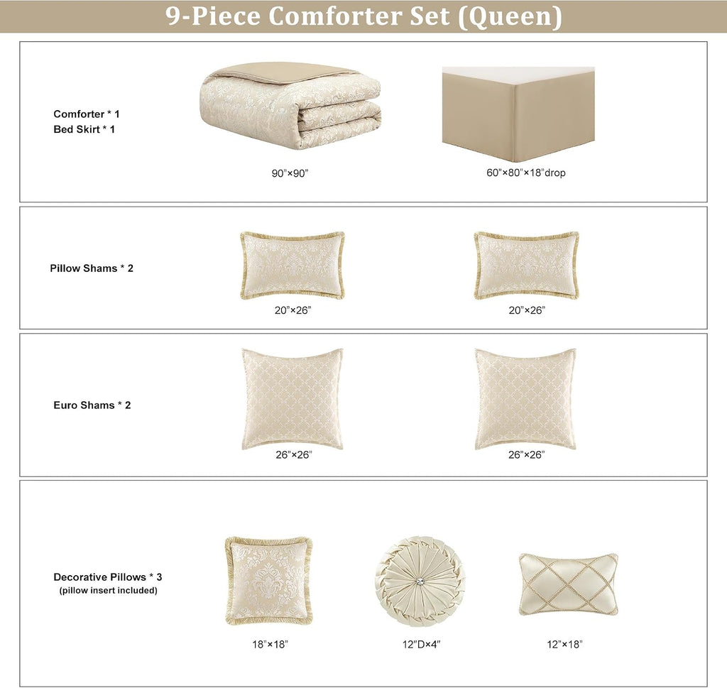 Loom and Mill 9-Piece Elegant Damask Comforter Sets Jacquard Medallion Design, Ultra Soft Floral Bedding with Euro Shams, Bedskirt, Filled Decorative Pillow for Home (Beige White, Queen)