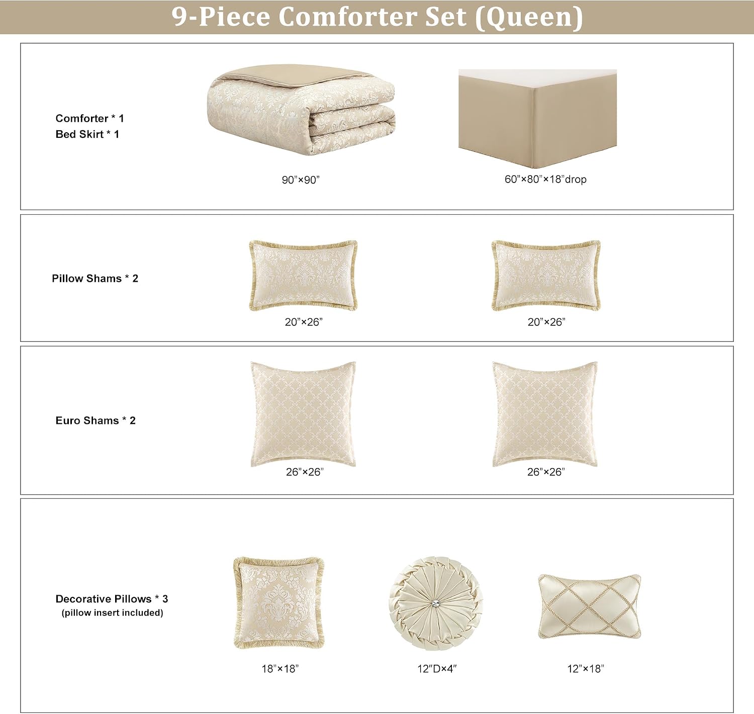 Loom and Mill 9-Piece Elegant Damask Comforter Sets Jacquard Medallion Design, Ultra Soft Floral Bedding with Euro Shams, Bedskirt, Filled Decorative Pillow for Home (Beige White, Queen)