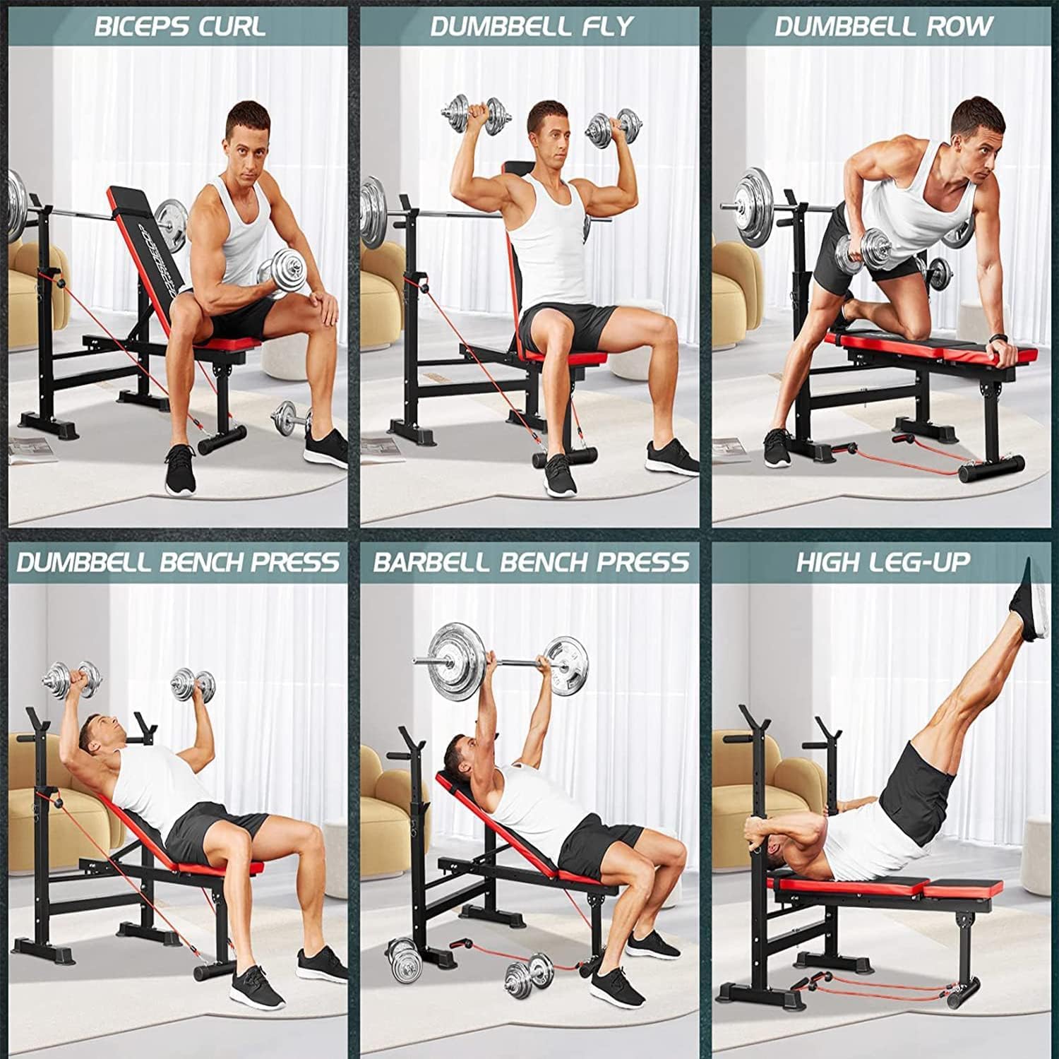OPPSDECOR 900lbs 6 in 1 Weight Bench Set with Squat Rack, Workout Bench with Leg Extension Preacher Curl Rack Multi-Function Bench Press Set for Home Gym, ZWX1113 New Version Weight Bench