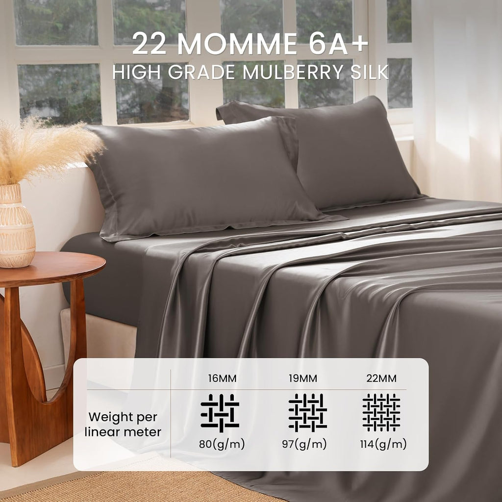 THXSILK Silk Sheet Set 4 Pcs, King Size Sheet Set, 22 Momme 7A+ Silk Sheets, Soft and Breathable Bed Sheets with 1 Flat Sheet, 1 Fitted Sheet, 2 Pillow Shams, Charcoal