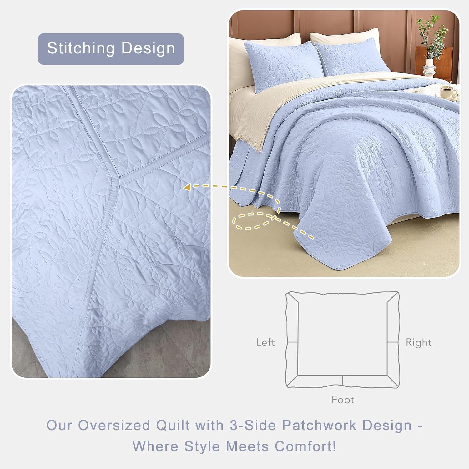 Lady Ann Light Blue Oversized King Bedspread 128x120, Leaves Pattern Printed Oversized King Quilt Set for Extra Large Bed, Lightweight & Soft Farmhouse Bedspreads & Coverlets, 3PCS