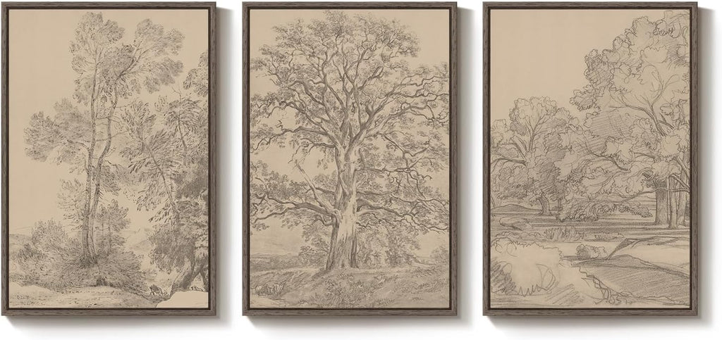 Large Vintage Framed Neutral Landscape Wall Art for Living Rooms, 3 Piece Retro Big Tree Sketch Botanical Forest Antique Canvas Artwork Set, Rustic Nature Wabi Sabi Art Prints for Hallway Home Office 24x36 Inch