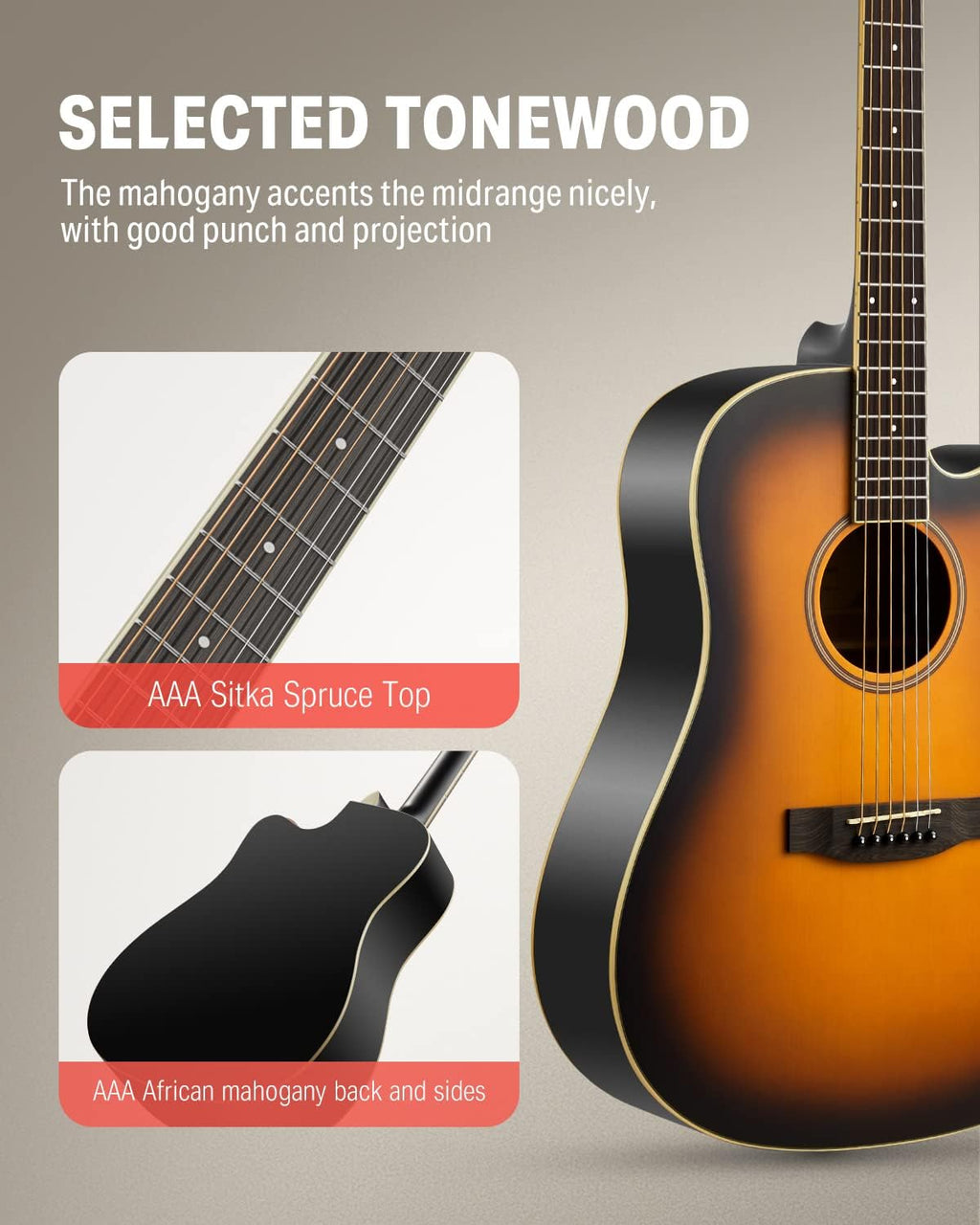 Donner Acoustic Guitar for Beginner Adult Full Size Cutaway Acustica Guitarra Bundle Kit with Free Online Lesson Bag Strap Tuner Capo Pickguard String Pick, Right Hand 41'Sunburst, DAG-1CS/DAD-160CS