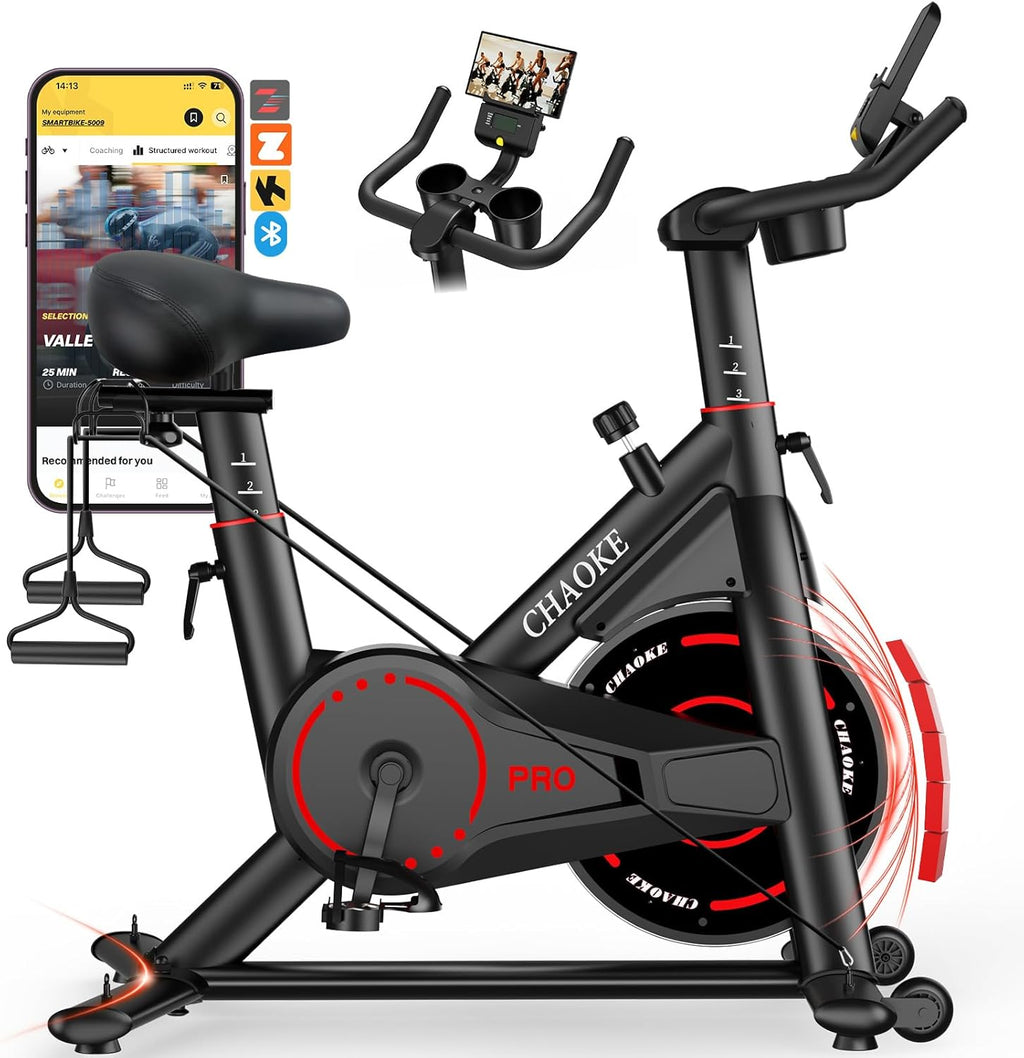 Exercise Bike, CHAOKE Quiet Adjustable Magnetic Resistance Stationary Bike for Home Cardio with App Compatible, 350LB Weight Capacity Indoor Cycling Bike with Comfortable Seat & Digital Display