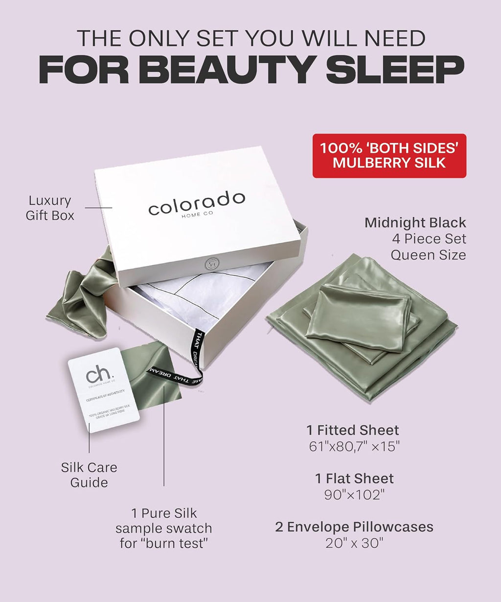 Colorado Home Co SUNDAYSILKS | Mulberry Silk Bed Sheets | 4PC Queen Size | Natural Bedding Set | Soft & Durable | Grade 6A Organic Real Silk [Olive]