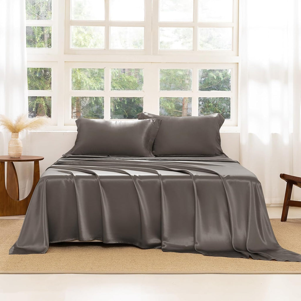 THXSILK Silk Sheet Set 4 Pcs, King Size Sheet Set, 22 Momme 7A+ Silk Sheets, Soft and Breathable Bed Sheets with 1 Flat Sheet, 1 Fitted Sheet, 2 Pillow Shams, Charcoal