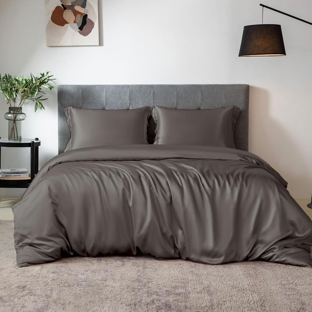 THXSILK 100% Silk Sheet Set, 7A+ Silk Sheet Set Soft Breathable, Luxury Bedding (1 Duvet Cover, 1 Fitted Sheet, 2 Pillow Shams), King, Charcoal