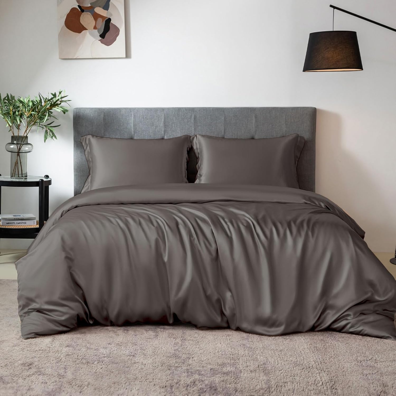 THXSILK 100% Silk Sheet Set, 7A+ Silk Sheet Set Soft Breathable, Luxury Bedding (1 Duvet Cover, 1 Fitted Sheet, 2 Pillow Shams), King, Charcoal