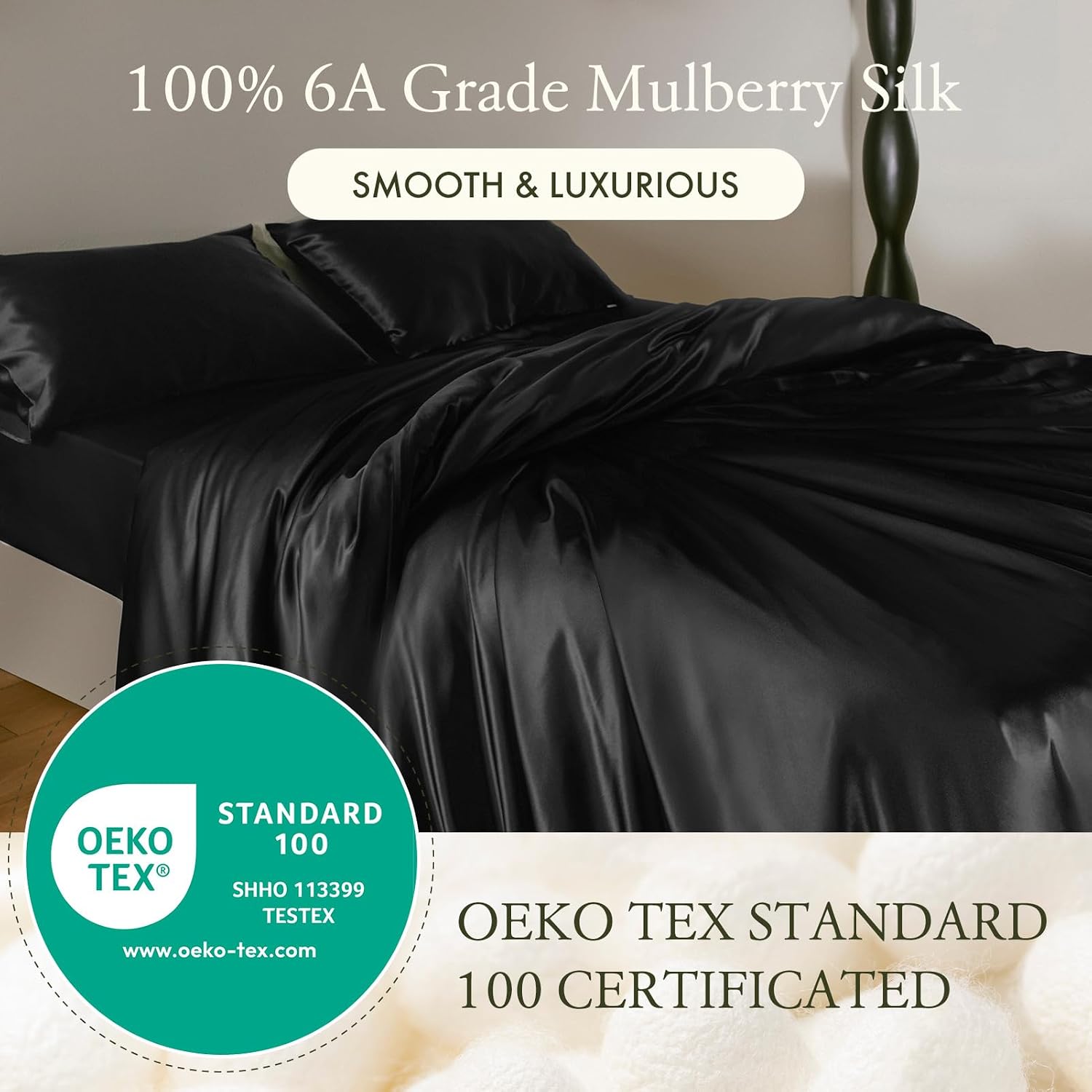 LILYSILK 3Pcs Silk Fitted Sheets Set 100% Mulberry Silk 6A Grade, 2 Silk Pillowcases and 1 Silk Fitted Sheet, 16 Inch Deep Pocket, 19 Momme Silk Bed Sheets Oeko-Certified Black, King Size