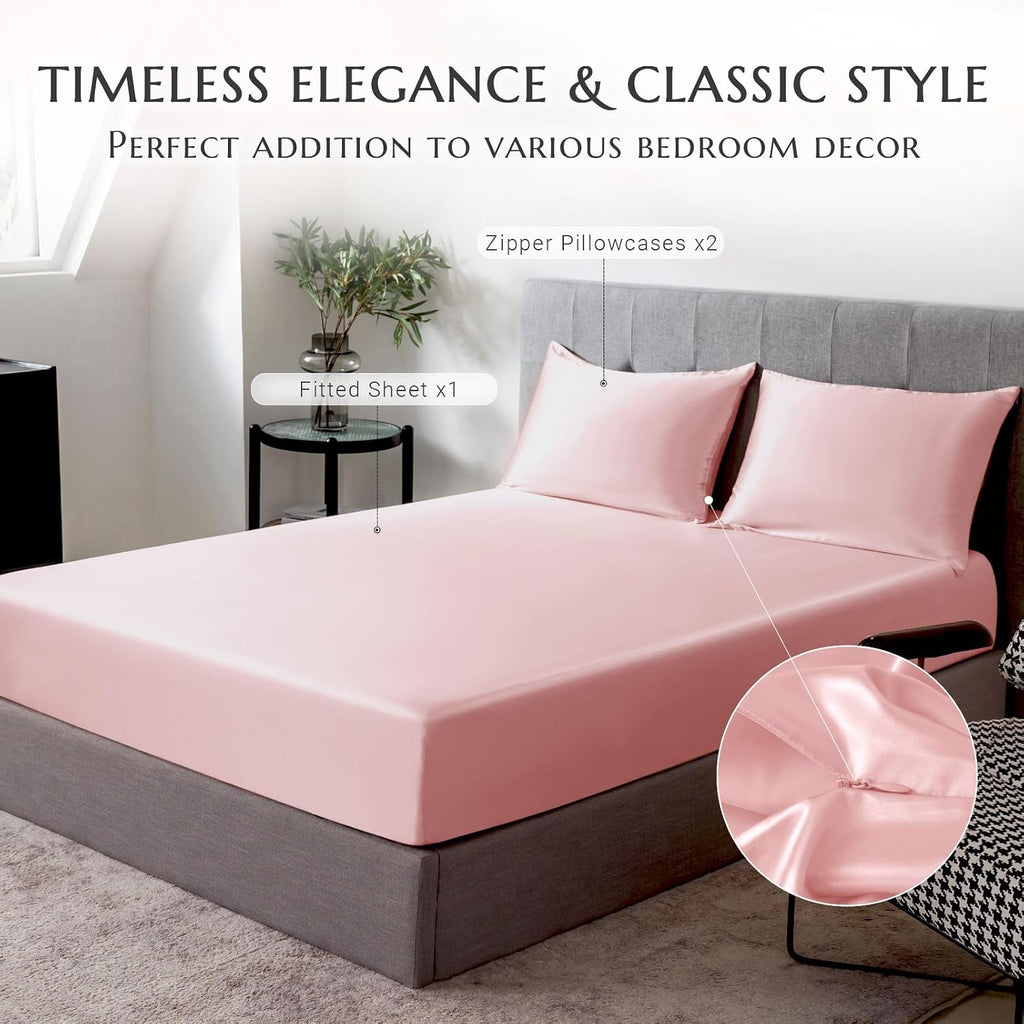 THXSILK 100% Mulberry Silk Fitted Sheet Set, 7A+ Silk 3 Pieces Bed Sheets, Breathable, Smooth, 16 Inch Deep Pocket Fitted Sheet, 2 Pillowcases - Charming Pink, Full