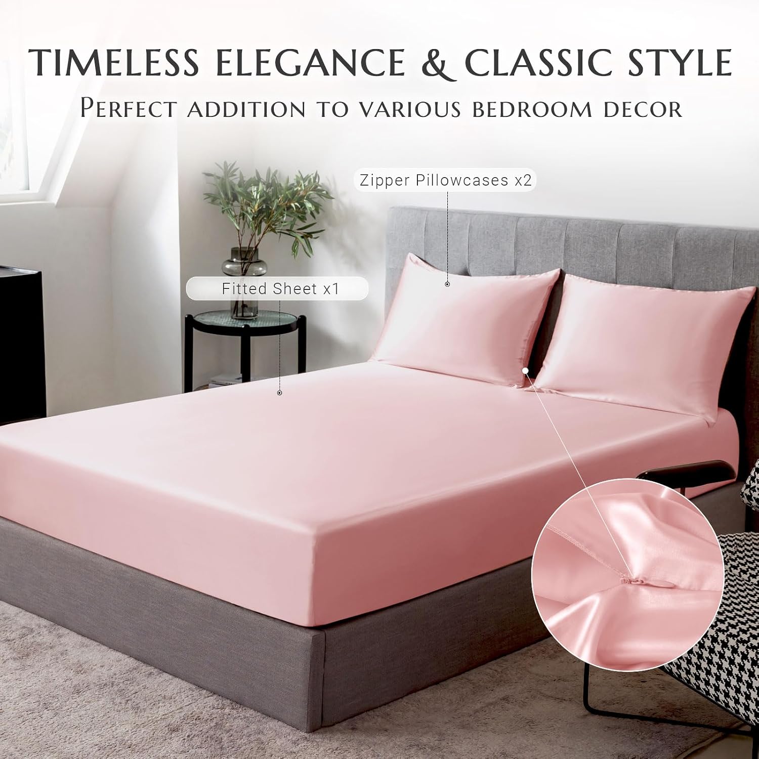 THXSILK 100% Mulberry Silk Fitted Sheet Set, 7A+ Silk 3 Pieces Bed Sheets, Breathable, Smooth, 16 Inch Deep Pocket Fitted Sheet, 2 Pillowcases - Charming Pink, Full