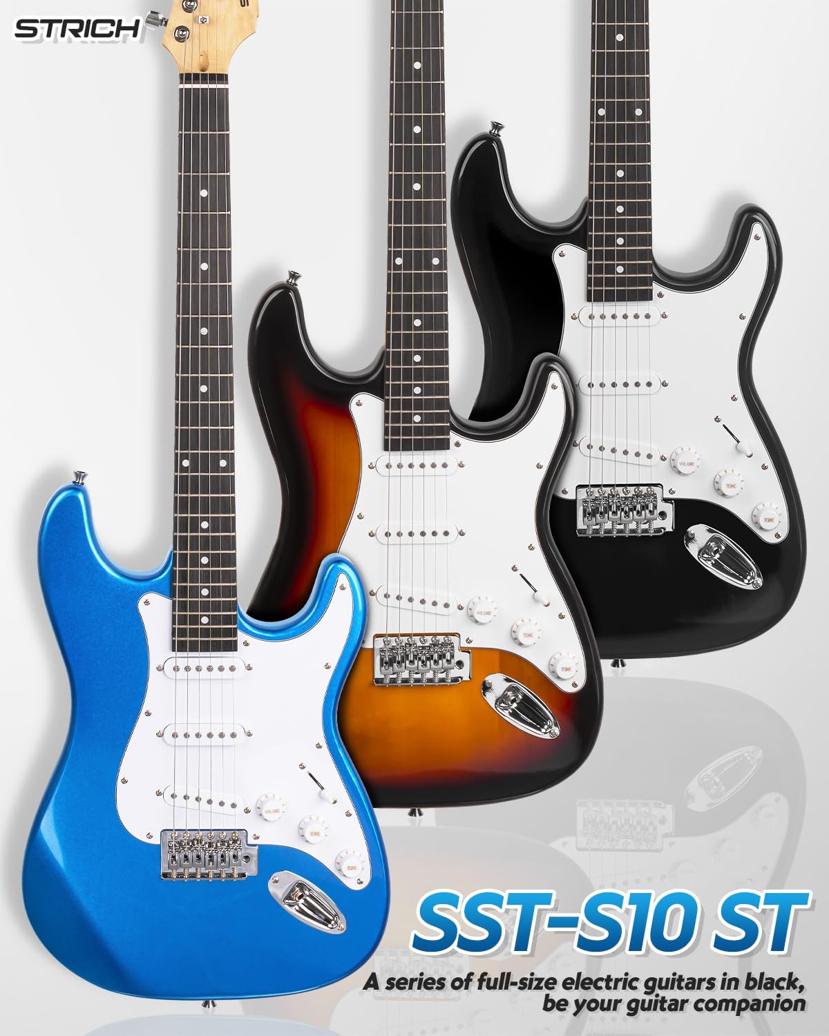 STRICH Electric Guitar Beginner Kit, Solid Body 39' Full Size Electric Guitar SSS Pick Up for Starter, with 5W x 2 Amp, Bag, Digital Tuner, Capo, Strap, String,Cable, Picks, SST-S10 Sapphire Blue