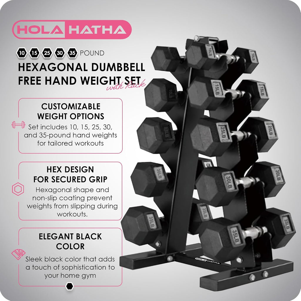 HolaHatha Hexagonal Dumbbell Free Hand Weight Set w/Rack