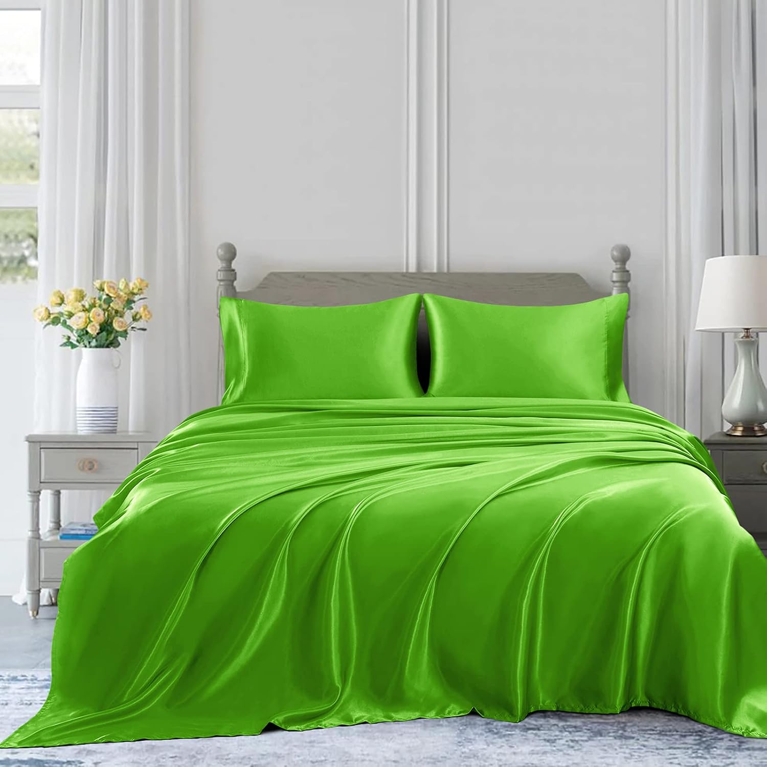 Twin XL Size 4-Piece Sheet Set Premium 30 Momme Mulberry Silk Bed Sheets Set Fits 23-26' Deep Pocket (Solid, Fruit Green)