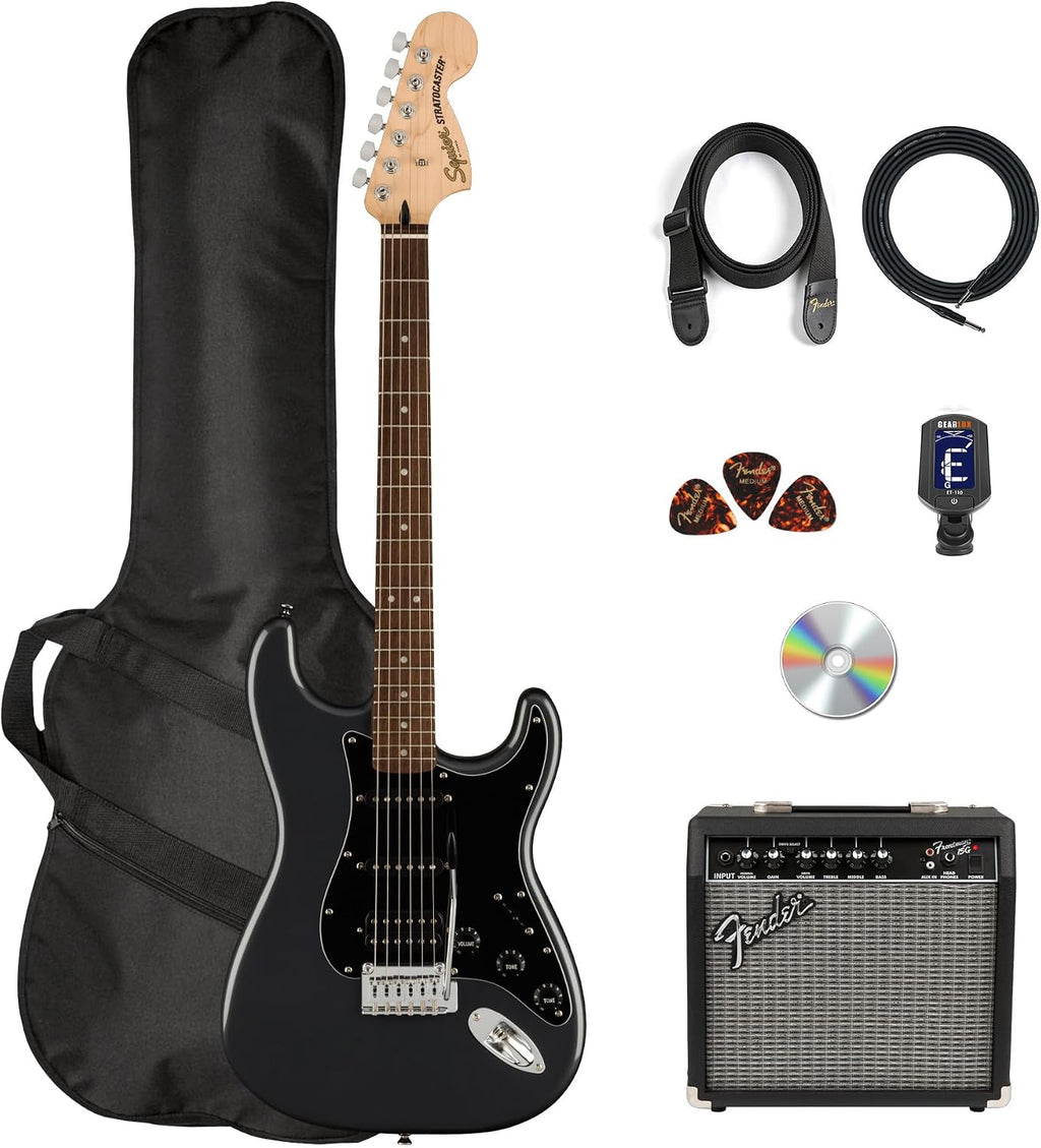 Fender Squier Affinity Stratocaster HSS Pack - Charcoal Frost Metallic Bundle with Frontman 10G Amplifier, Cable, Gig Bag, Tuner, Strap, Picks, and Austin Bazaar Instructional DVD