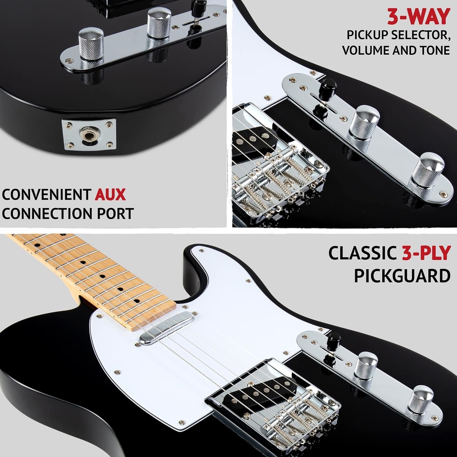 LyxPro 39' Electric Guitar TL Series Full-Size Paulownia Body, 3-Ply Pickguard, 3-Way Switch & Volume/Tone Controls -Black with 20 Watt Amplifier - (Black)