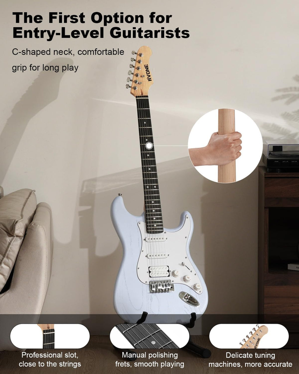 RVONE RST-150 39'Beginner Electric Guitar Kit with Amplifier, Classic HSS Pickup, Electric Guitar with Gig Bag, Capo, Strap, Extra Strings, Digital Tuner, 3 Picks, Cleaning Cloths (Light Blue)