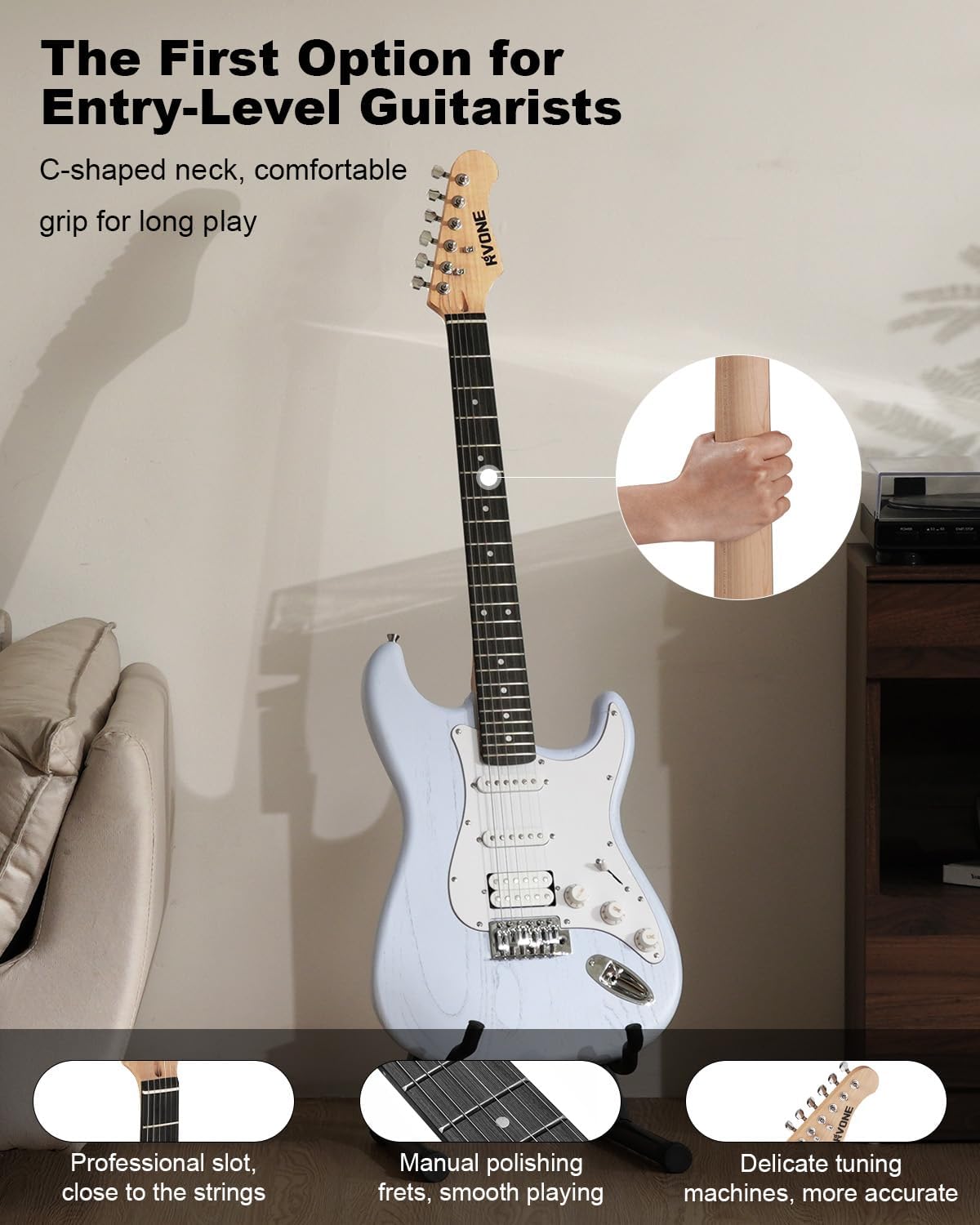 RVONE RST-150 39'Beginner Electric Guitar Kit with Amplifier, Classic HSS Pickup, Electric Guitar with Gig Bag, Capo, Strap, Extra Strings, Digital Tuner, 3 Picks, Cleaning Cloths (Light Blue)