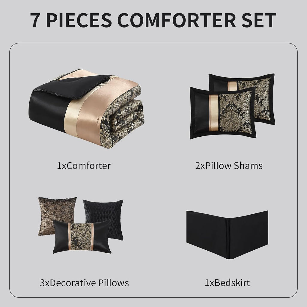 SahSahCasa 7-Piece Luxury King Comforter Set, Bed in a Bag King, Jacquard Silky Fluffy Comforter Bedding Set with Bedskirt, Decorative Pillows, Elegant Reversible, Down-Alternative, Black/Gold