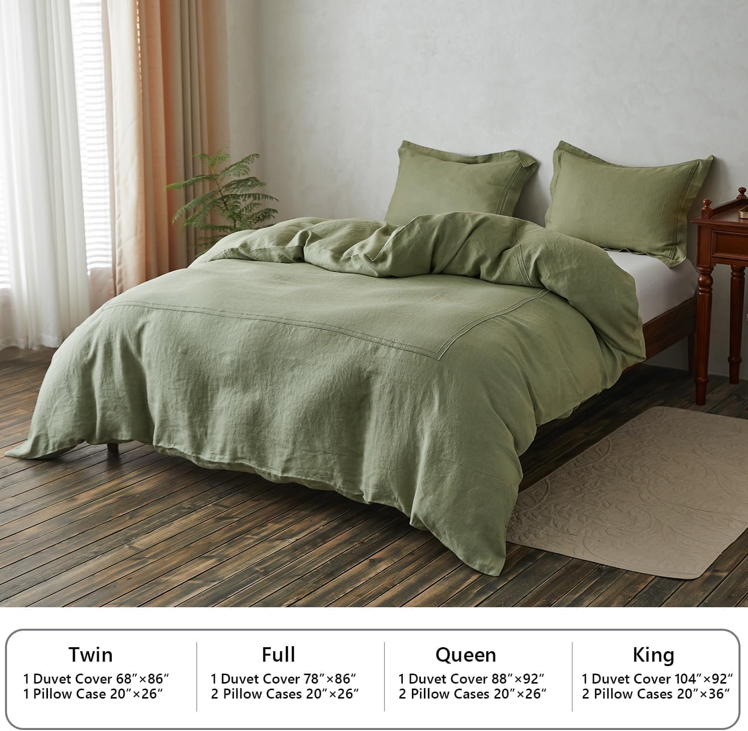 Simple&Opulence 100% Washed Linen Duvet Cover Set 104'x92' - 3 Pieces Soft Farmhouse Comforter Set Double Embroidered with Button Closure - 1 Duvet Cover and 2 Pillowshams (Sage Green, King)