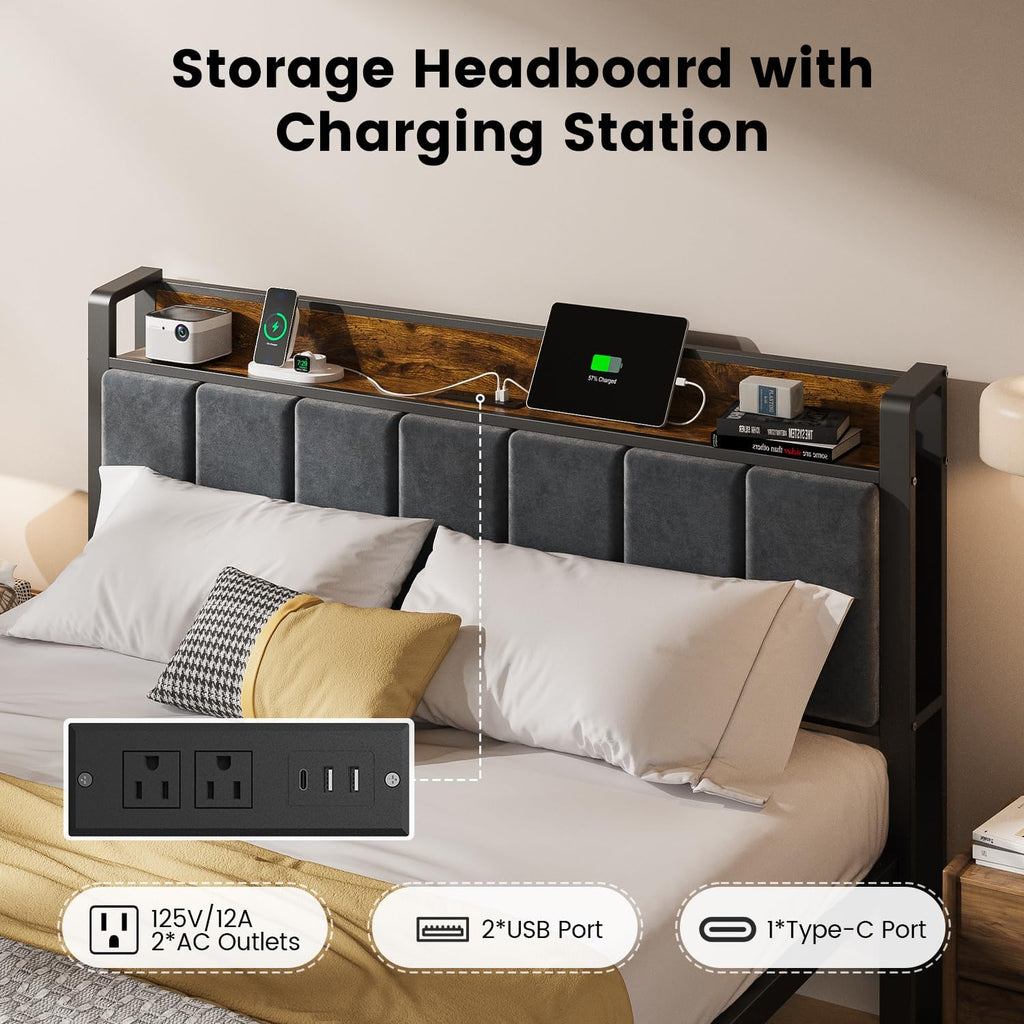 ALBERTO Queen Size Bed Frame with LED Lights, Upholstered Headboard with Storage and Charging Station, Metal Platform with Slats, No Box Spring Needed, Easy Assembly