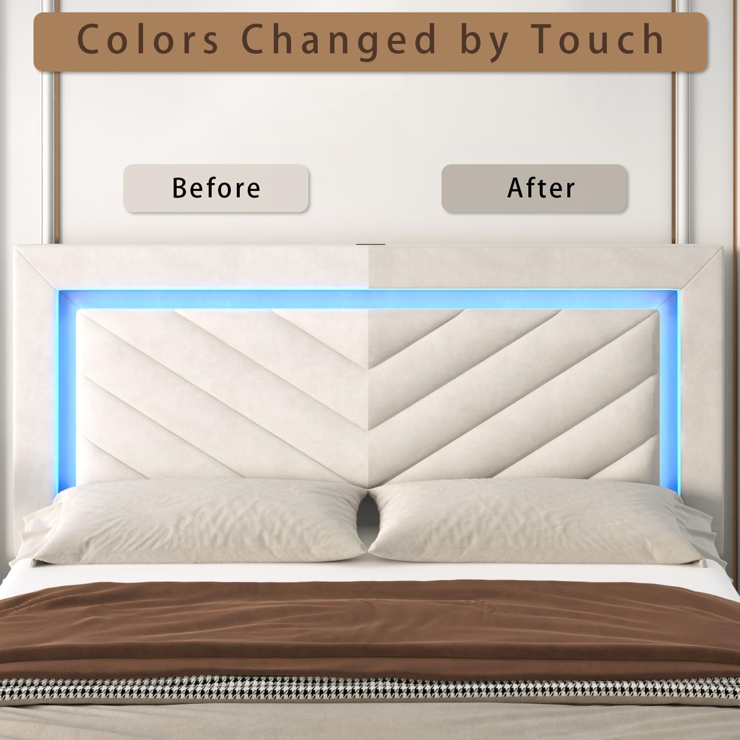 Incyneva Upholstered Full Bed Frame with LED Headboard and Storage Drawer, Velvet Platform Bed Frame Full Size with Charging Station, Adjustable Headboard, No Box Spring Needed, Off White
