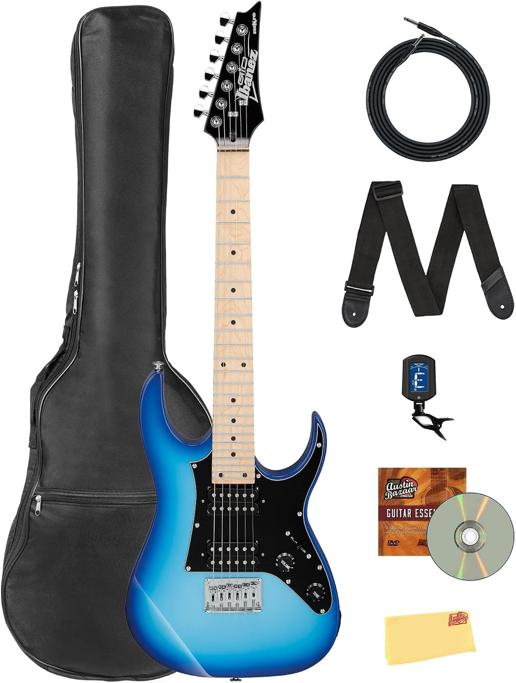 Ibanez GRGM21M RG Gio miKro Short-Scale Electric Guitar - Blue Burst Bundle with Gig Bag, Tuner, Instrument Cable, Picks, Austin Bazaar Instructional DVD, and Polishing Cloth