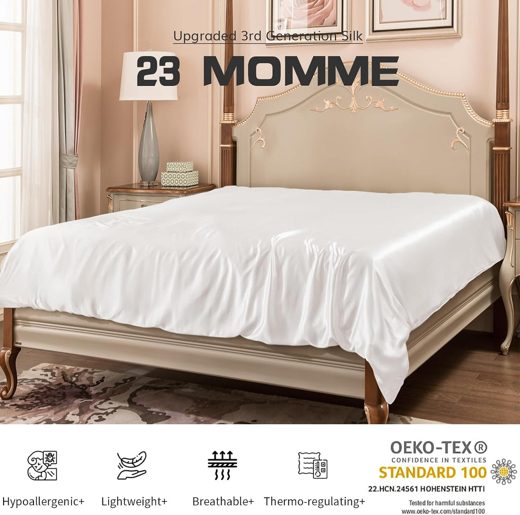 PROMEED 100% Mulberry Silk Duvet Cover Queen Size, Real Grade 6A+ 23 Momme Silk Quilt/Comforter Cover with Zipper and Coner Tie (White, Queen)