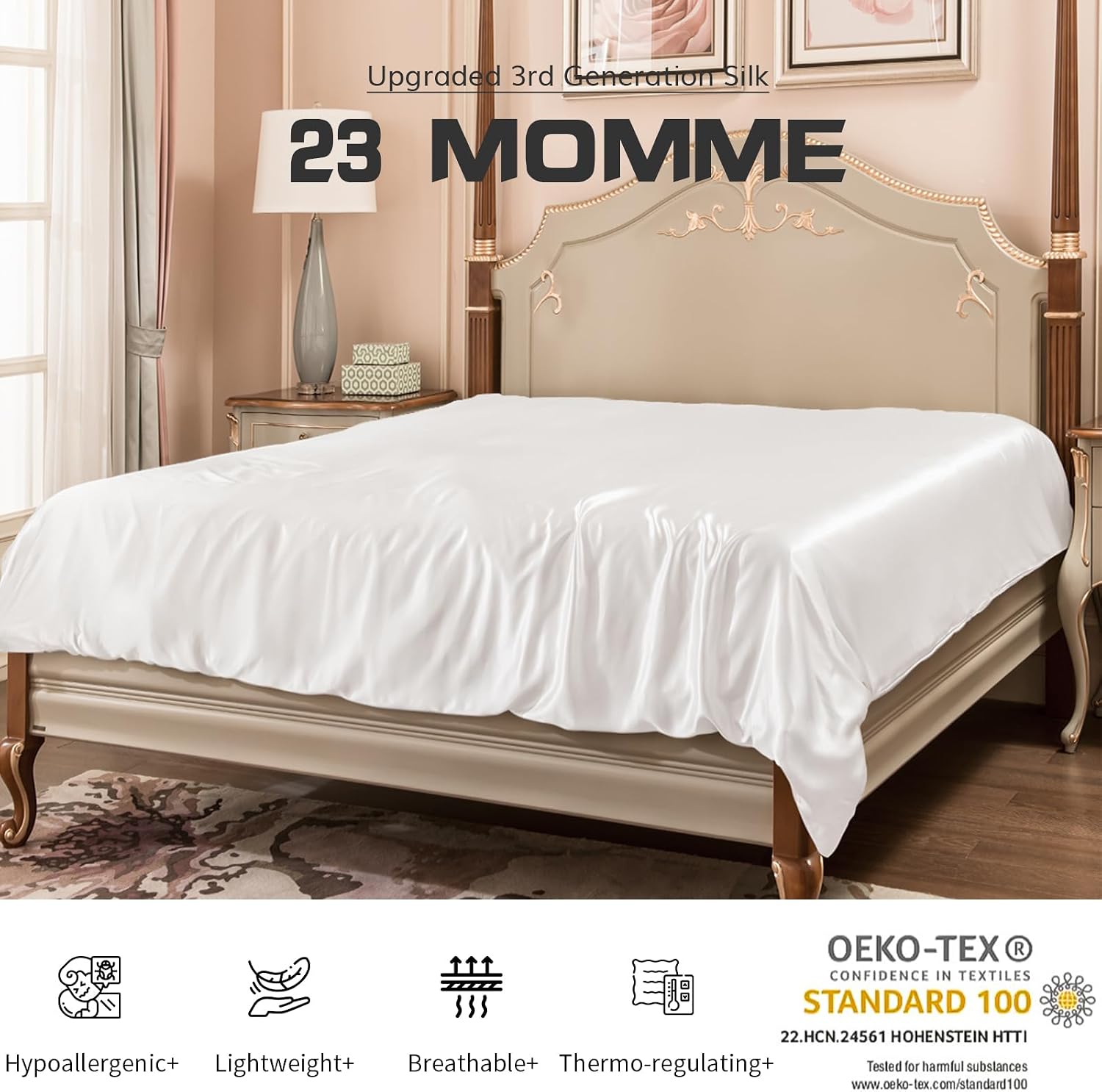 PROMEED 100% Mulberry Silk Duvet Cover Queen Size, Real Grade 6A+ 23 Momme Silk Quilt/Comforter Cover with Zipper and Coner Tie (White, Queen)