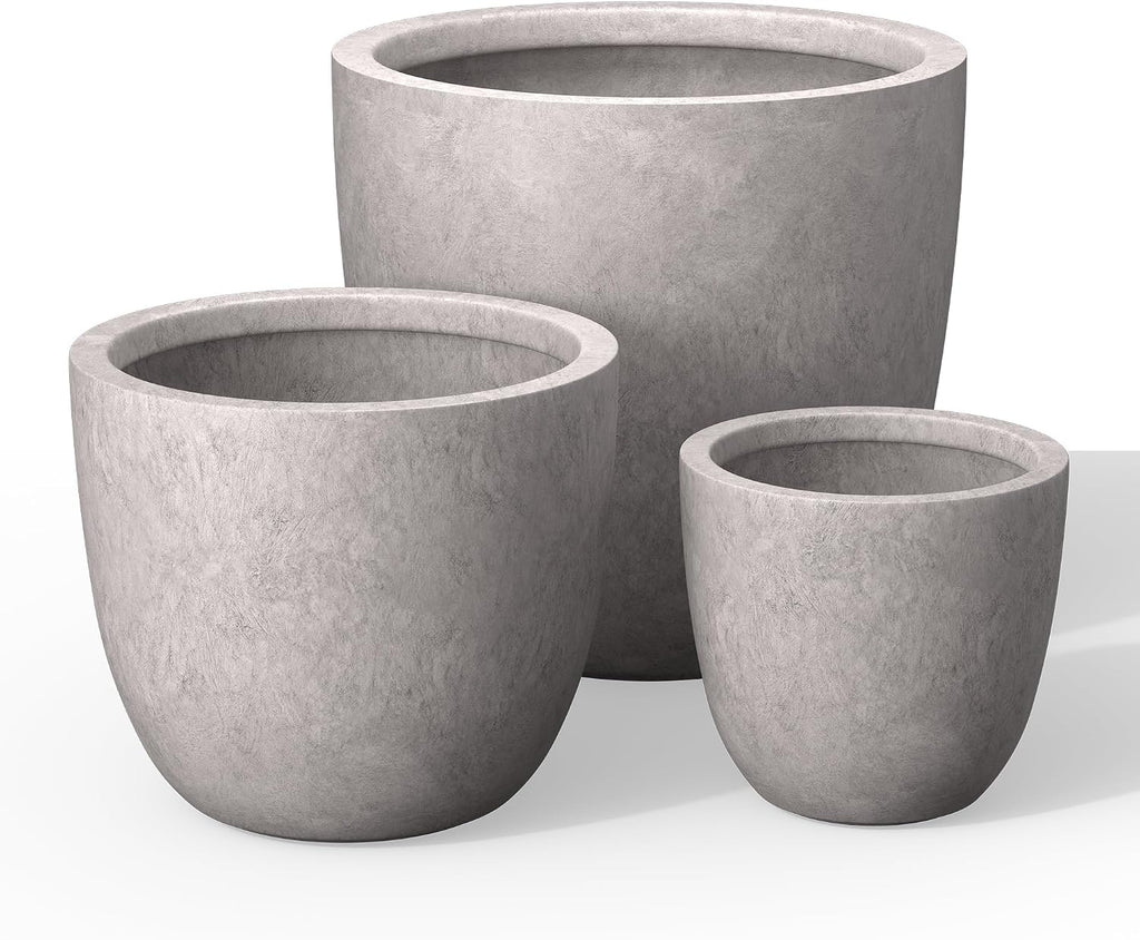 Kante 18',14',10' Dia Concrete Round Planters (Set of 3), Outdoor Indoor Large Planter Pots with Drainage Hole and Rubber Plug for Home Patio Garden, Light Gray
