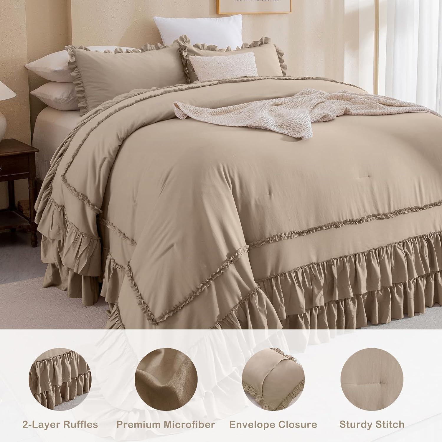 Masaca Oversized King Comforter 120x120,3 Pieces Farmhouse Ruffle Bedding Comforter,Light Taupe Shabby Boho Chic Oversized Comforter King Size,Lightweight Soft Microfiber Cal King Bedding Set