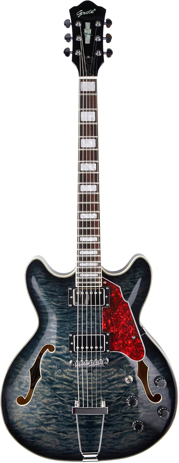 GROTE Jazz Electric Guitar Semi-Hollow Body Trapeze Tailpiece Bridge Guitar Gig Bag(Black02)