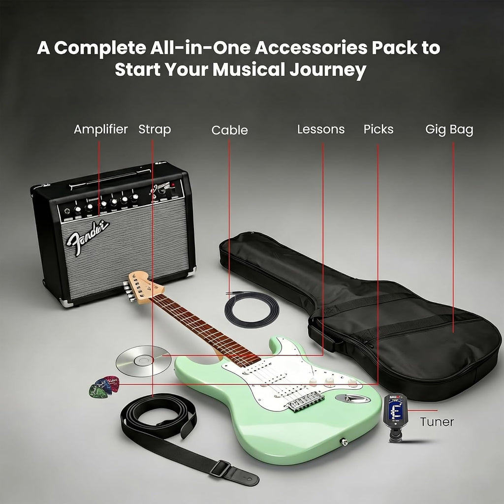 Fender Squier Affinity Stratocaster Limited Edition - Surf Green Bundle with Frontman 10G Amplifier, Gig Bag, Tuner, Instrument Cable, Strap, Picks, and Austin Bazaar Instructional DVD
